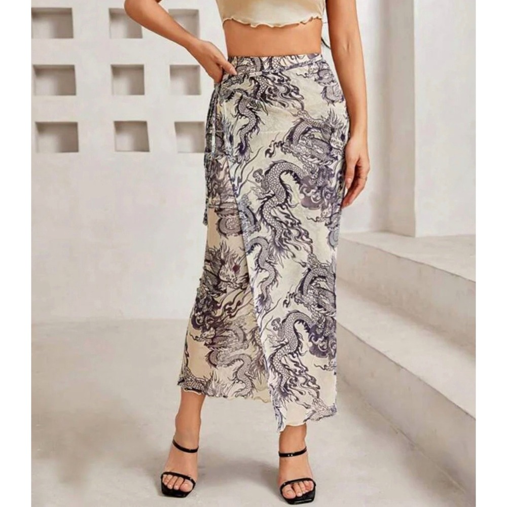 SHEIN Dragon Print Mesh Maxi Skirt Womens Large Beige Blue Wrap Tie 90s Y2K